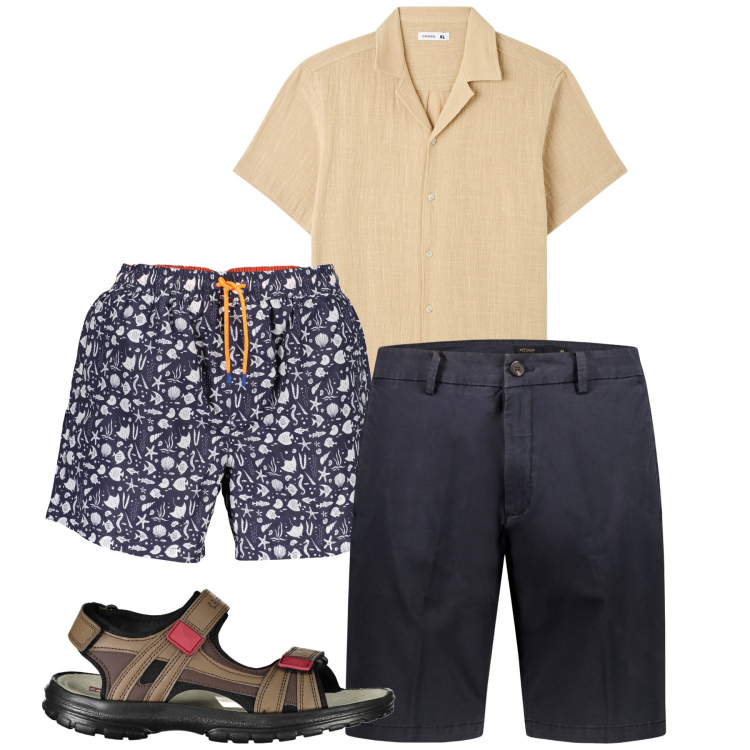 Outfit uomo - Mare chic. Stile Casual per Mare. Abbinamento con camicie a manica corta, bermuda, sandali, costumi.