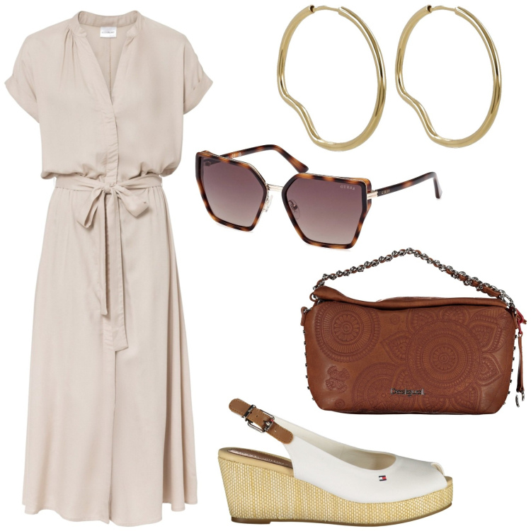 Outfit donna - Zeppe must have. Stile Basic per Tutti i giorni. Abbinamento con vestiti chemisier, collane, sandali col tacco, occhiali da sole, orecchini.