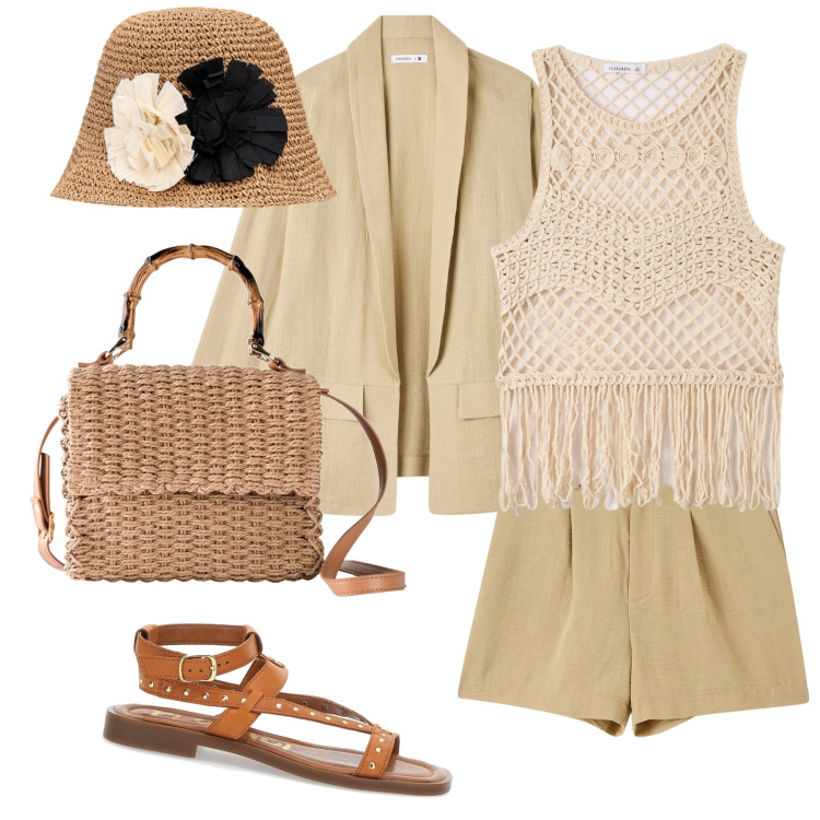 Outfit donna - Green style. Stile Basic per Tutti i giorni. Abbinamento con borse a mano, bermuda, top, blazer, cappelli, sandali.