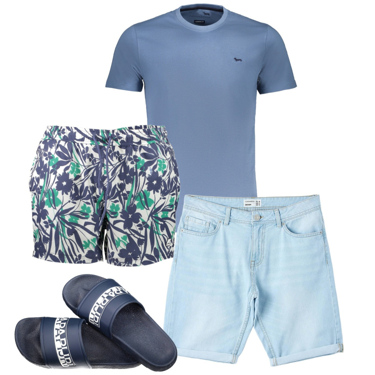 Outfit uomo - Mare. Stile Casual per Mare. Abbinamento con bermuda, t-shirt, costumi, sandali.