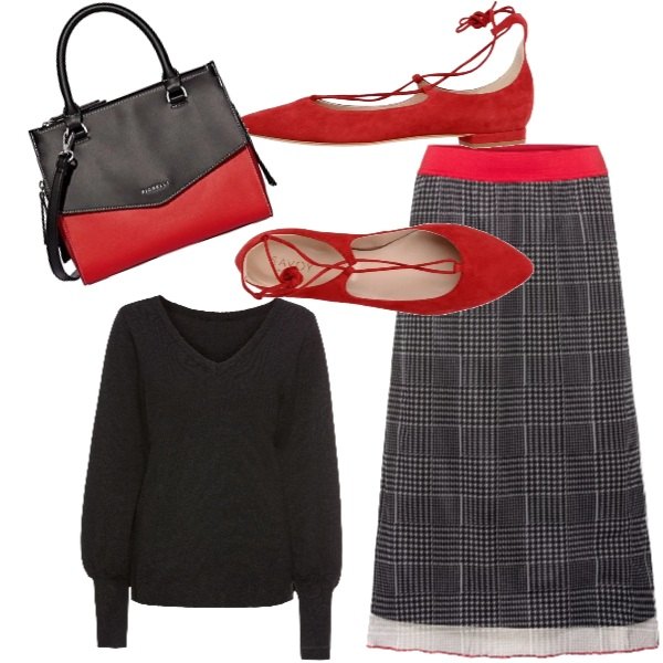 Outfit donna - Urban #8278. Stile Urban per Tutti i giorni. Abbinamento con maglieria, gonna fantasia, ballerine effetto scamosciato senza tacco con laccetti a punta in pelle tinta unita, borsa a mano rosso.