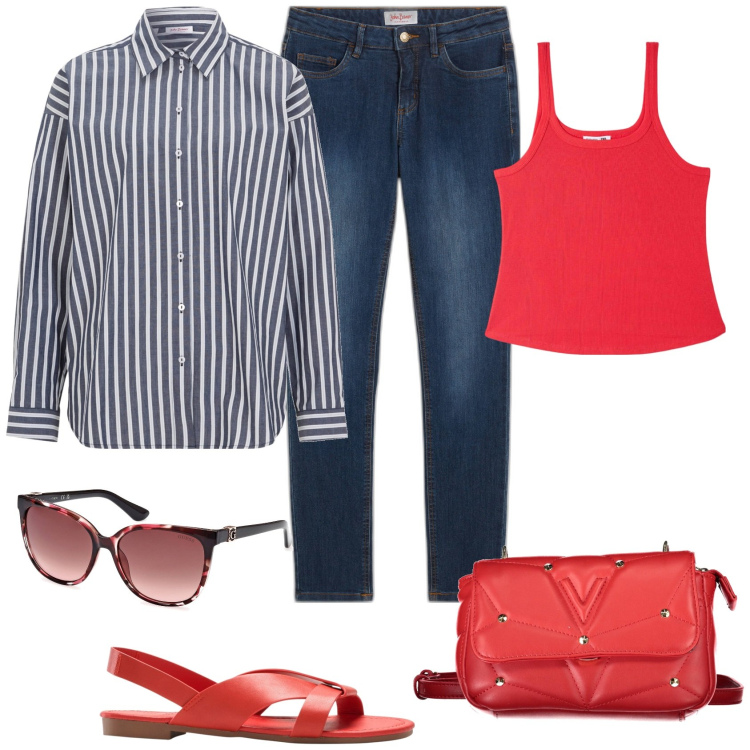 Outfit donna - Outfit of the day. Stile Casual chic per Tutti i giorni. Abbinamento con jeans skinny, camicie, sandali, top, borse a tracolla, occhiali da sole.
