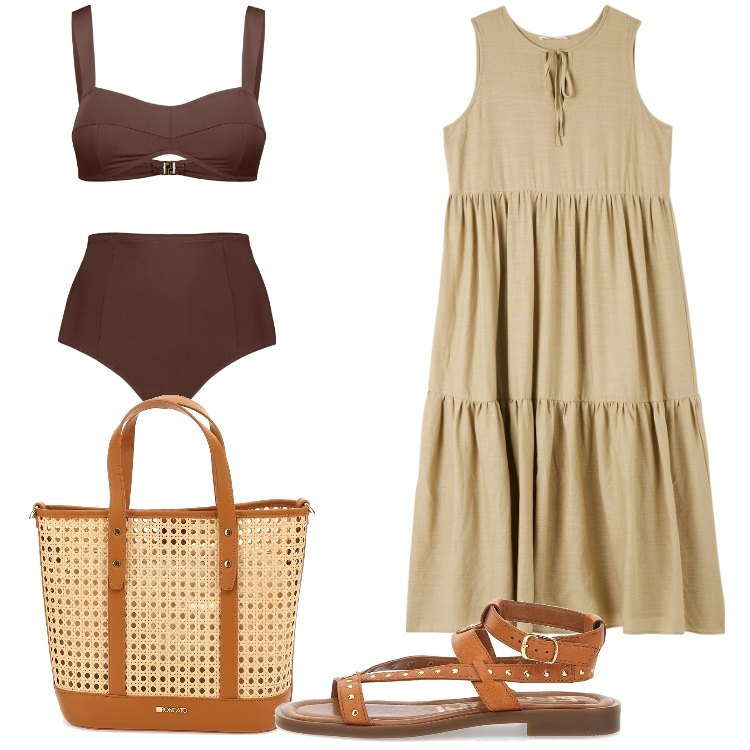 Outfit donna - Pittarello sandalo flat comodissimo. Stile Basic per Mare. Abbinamento con vestiti senza maniche, bikini, borse a spalla, sandali.