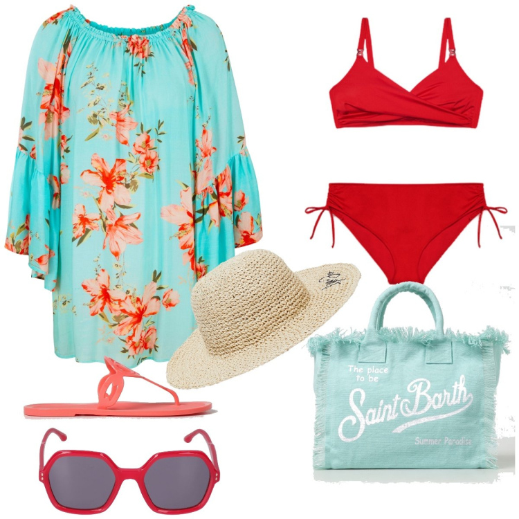 Outfit donna - Al mare. Stile Romantica per Mare. Abbinamento con vestiti da spiaggia, bikini, ciabatte, occhiali da sole, borse tote, cappelli.