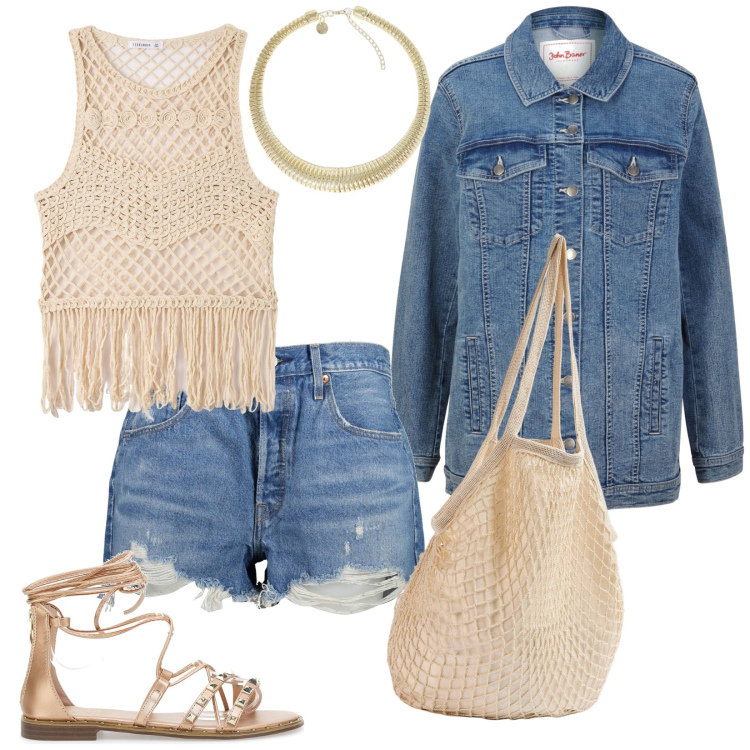 Outfit donna - I sandali per la nuova stagione. Stile Casual per Tutti i giorni. Abbinamento con blazer, borse a spalla, top, collane, sandali, jeans strappati.