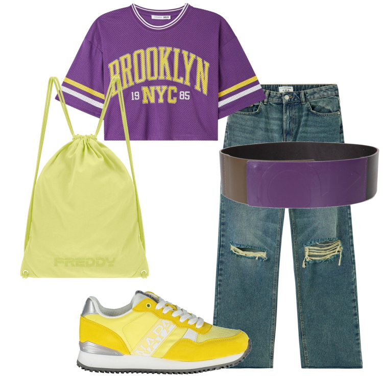 Outfit donna - Sneakers gialle. Stile Casual per Tutti i giorni. Abbinamento con jeans strappati, t-shirt, zaini, scarpe sportive, cinture.
