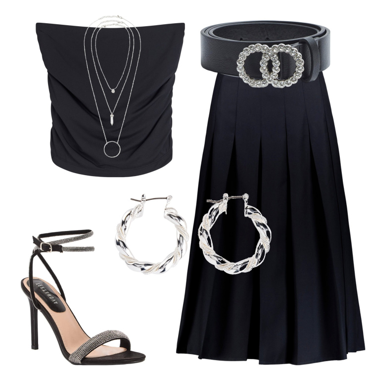 Outfit donna - Argento e nero. Stile Casual chic per Serata fuori. Abbinamento con ciondoli, orecchini, top, sandali col tacco, cinture, gonne longuette.