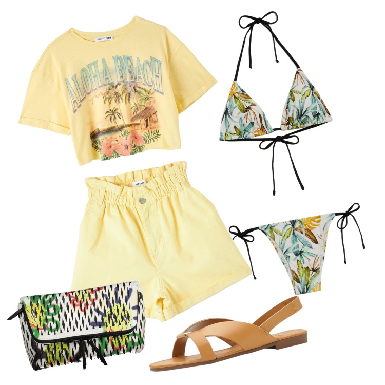 Outfit donna - Al mare. Stile Sporty chic per Mare. Abbinamento con sandali, t-shirt, shorts, bikini, bikini, borse a mano.