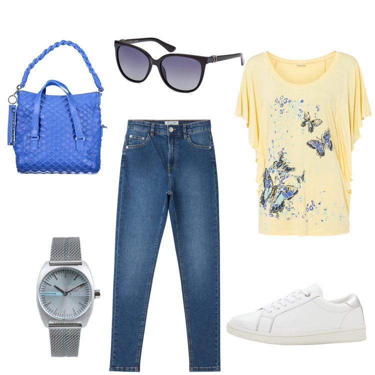 Outfit donna - Total look #1888207. Stile Casual per Ufficio. Abbinamento con sneakers, maglieria, orologi, jeans skinny, borse a spalla, occhiali da sole.