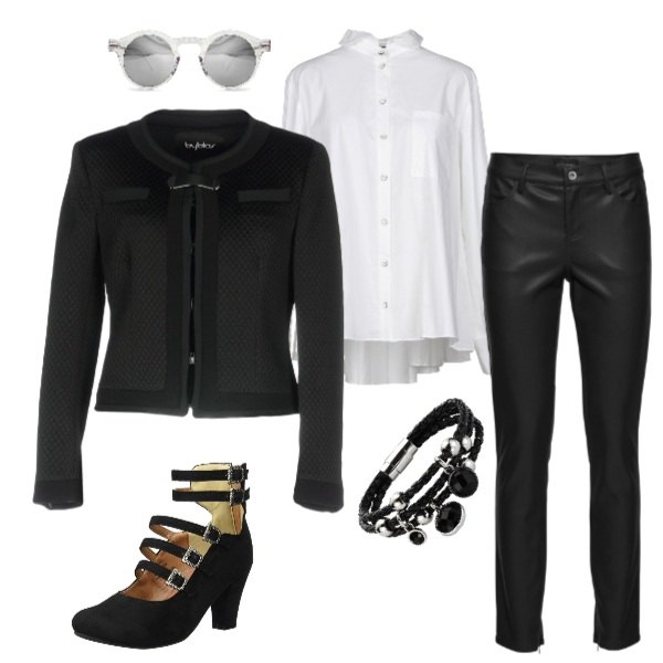 Outfit donna - Un chiaro sguardo alla serata. Stile Trendy per Serata fuori. Abbinamento con pantaloni, giacca effetto acetato collo tondo a maniche lunghe interno foderato in raso jacquard, camicia a maniche lunghe tinta unita, occhiali da sole, scarpe con tacco nero, bracciale.