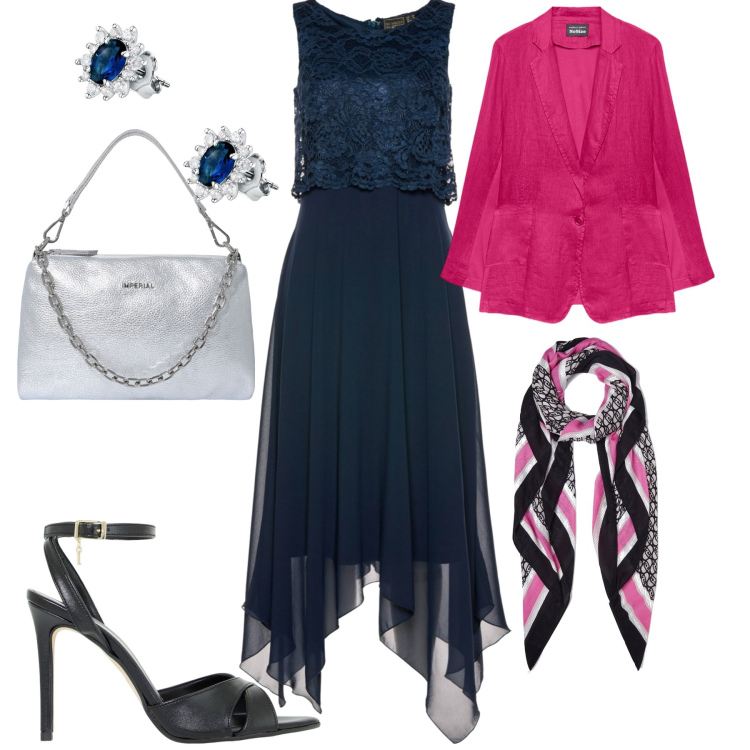 Outfit donna - Tacchi per la sera. Stile Chic per Serata fuori. Abbinamento con vestiti midi/longuette, orecchini, pochette, décolleté, blazer, foulard.