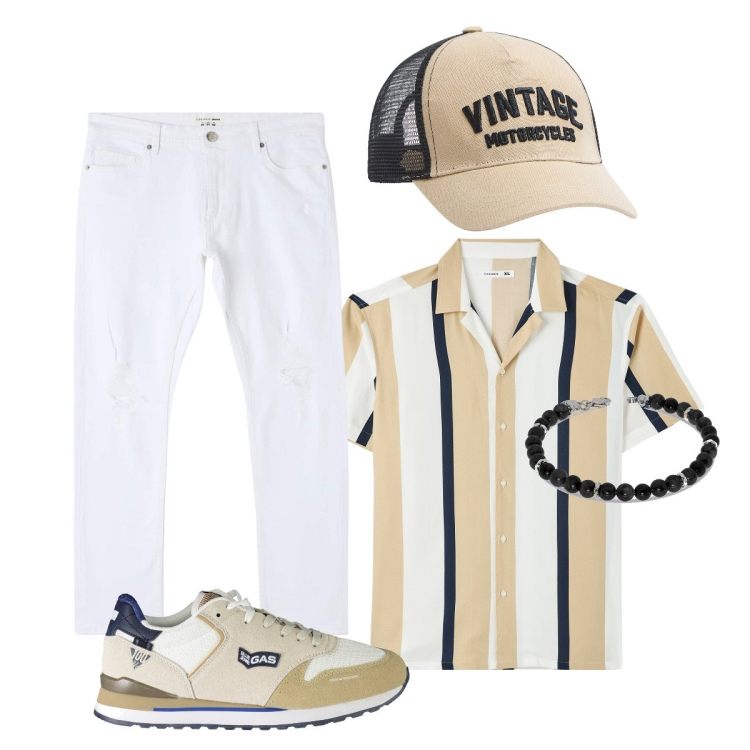 Outfit uomo - Total look #1888243. Stile Trendy per Tutti i giorni. Abbinamento con jeans strappati, camicie a manica corta, cappelli, sneakers, braccialetti.