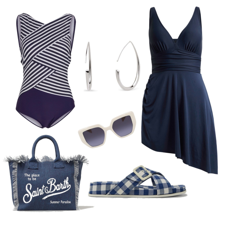 Outfit donna - Opzione doppio costume. Stile Glamour per Mare. Abbinamento con costumi interi, vestiti da spiaggia, orecchini, sandali, borse tote, occhiali da sole.