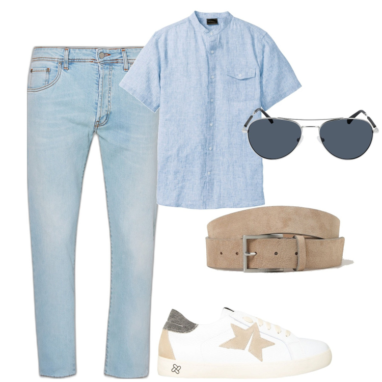 Outfit uomo - City. Stile Casual per Tutti i giorni. Abbinamento con camicie a manica corta, sneakers, cinture, occhiali da sole, jeans.