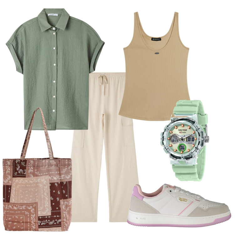 Outfit donna - Total look #1888271. Stile Casual per Tutti i giorni. Abbinamento con orologi, pantaloni cargo, shopping bag, camicie a manica corta, canottiere, sneakers.