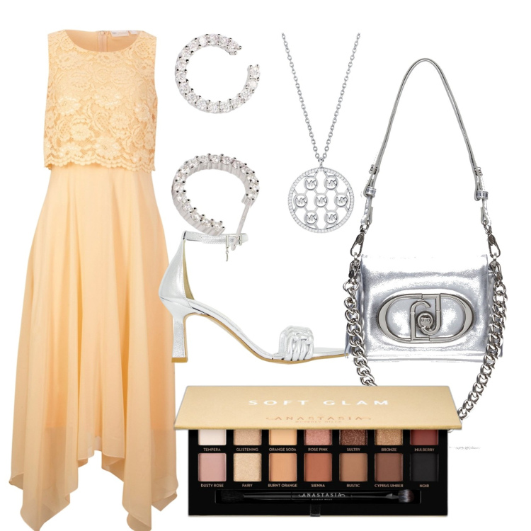 Outfit donna - Elegante in arancione chiaro. Stile Chic per Cerimonia. Abbinamento con vestiti senza maniche, ciondoli, ombretti, orecchini, décolleté, borse a spalla.