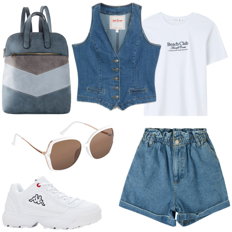 Outfit donna - Gita fuori porta. Stile Casual per Tutti i giorni. Abbinamento con gilet, zaini, sneakers, occhiali da sole, shorts, t-shirt.