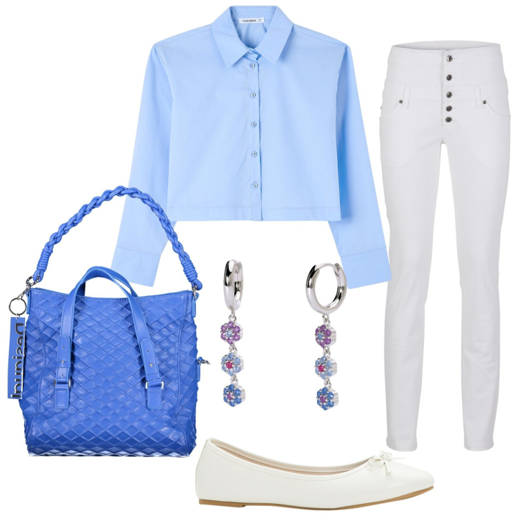 Outfit donna - Le ballerine bianche. Stile Casual per Tutti i giorni. look ideale per Petite. Abbinamento con ballerine, pantaloni skinny, camicie, orecchini, borse a spalla.