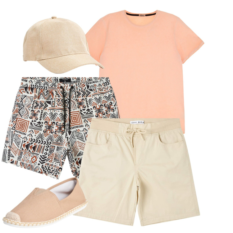 Outfit uomo - Al mare. Stile Casual per Mare. Abbinamento con shorts, espadrillas, bermuda, cappelli, t-shirt.