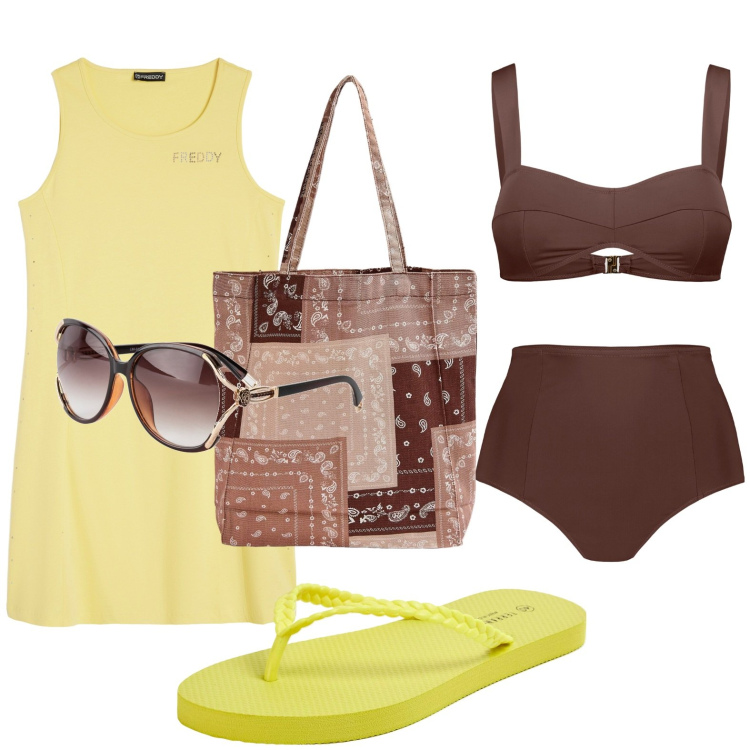 Outfit donna - Bikini marrone. Stile Casual per Mare. look ideale per Petite. Abbinamento con occhiali da sole, shopping bag, infradito, vestiti senza maniche, bikini.