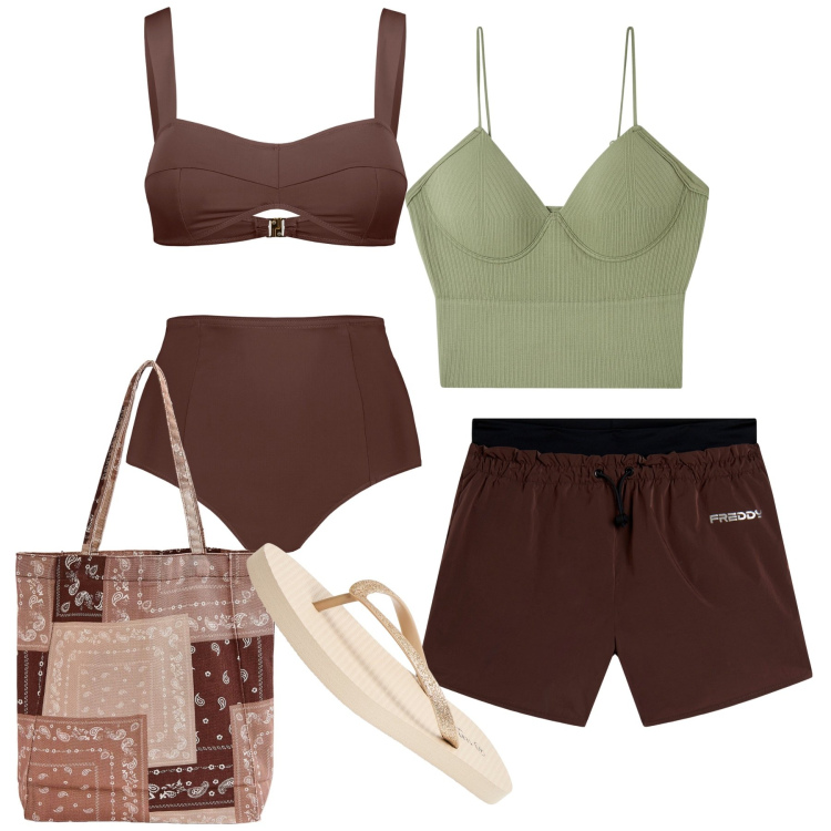 Outfit donna - Mare. Stile Casual per Mare. Abbinamento con shopping bag, top, infradito, pantaloni, bikini.