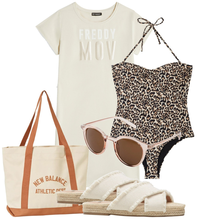 Outfit donna - Leo al mare. Stile Chic per Mare. Abbinamento con ciabatte, occhiali da sole, costumi interi, borse tote, vestiti corti.