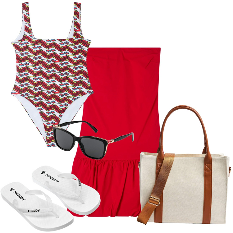 Outfit donna - Mare. Stile Chic per Mare. Abbinamento con occhiali da sole, costumi interi, vestiti corti, shopping bag, infradito.