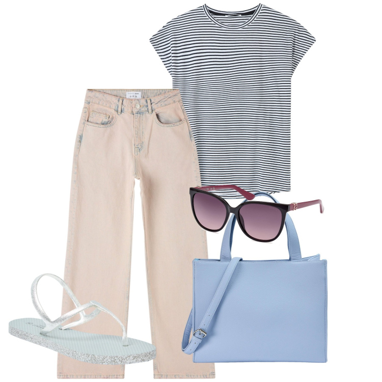 Outfit donna - Chi ha una vita. Stile Basic per Tutti i giorni. Abbinamento con sandali, jeans, shopping bag, t-shirt, occhiali da sole.