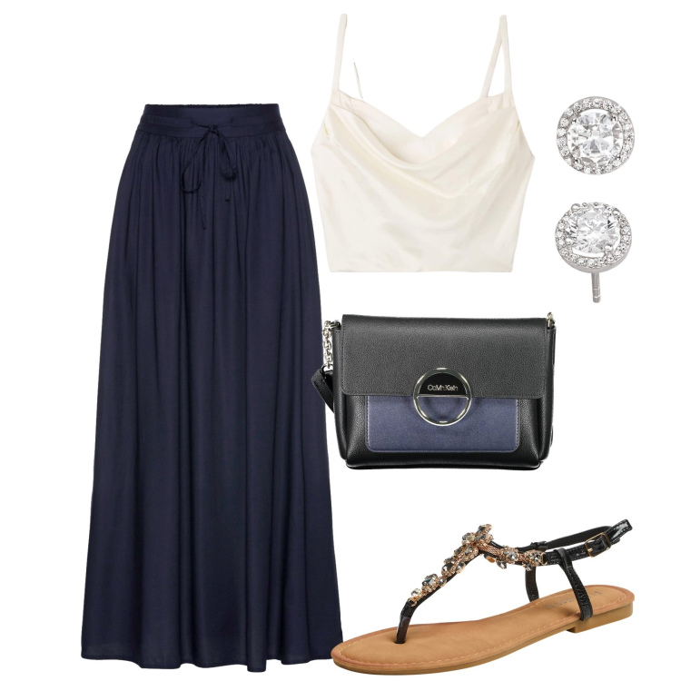 Outfit donna - City. Stile Casual chic per Tutti i giorni. Abbinamento con gonne lunghe, top, sandali gioiello, orecchini, borse a tracolla.