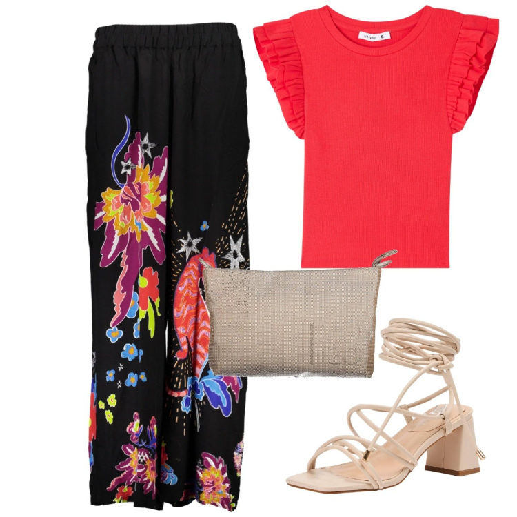 Outfit donna - Serata fuori. Stile Chic per Serata fuori. Abbinamento con t-shirt, sandali alla schiava, pantaloni, pochette.