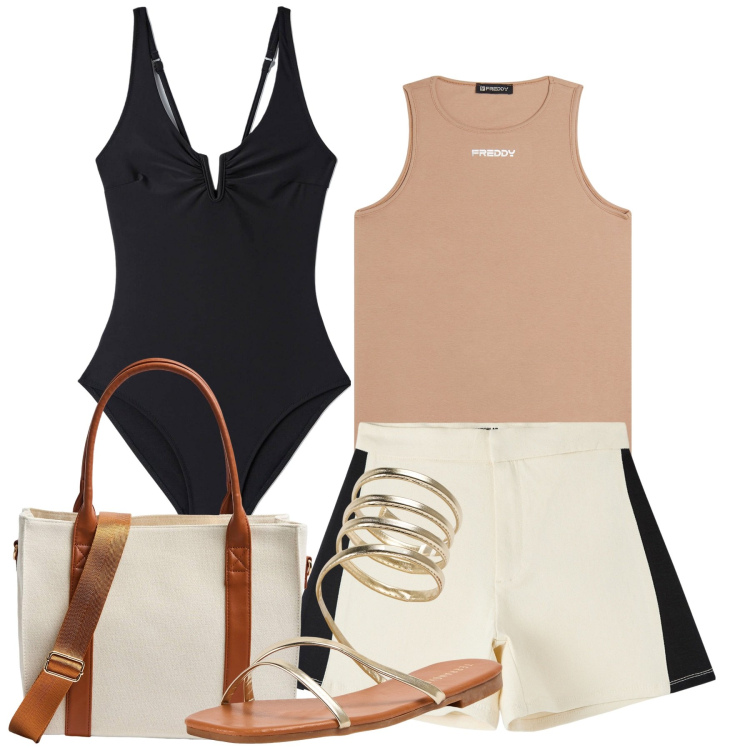 Outfit donna - Mare chic. Stile Chic per Mare. Abbinamento con shorts, costumi interi, shopping bag, sandali, canottiere.
