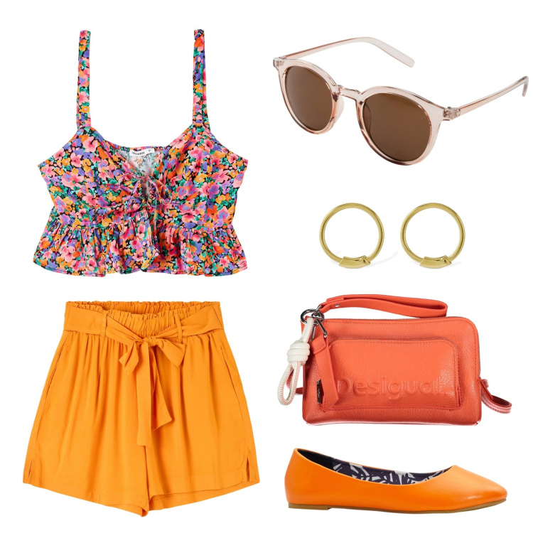 Outfit donna - Una serata in spiaggia. Stile Trendy per Serata fuori. Abbinamento con occhiali da sole, ballerine, shorts, top, borse a tracolla, orecchini.