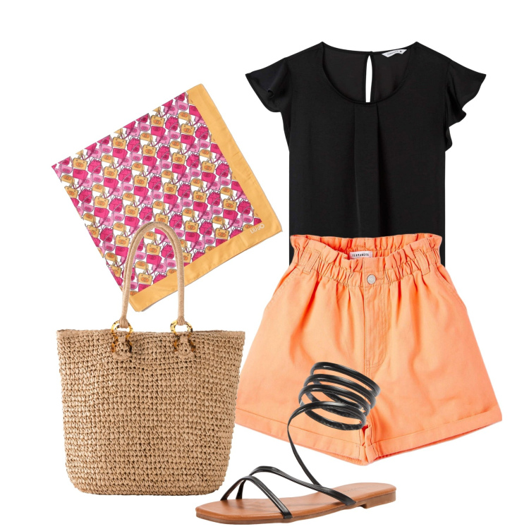 Outfit donna - Chi ha una vita. Stile Basic per Tutti i giorni. Abbinamento con shopping bag, bluse, shorts, sandali, foulard.