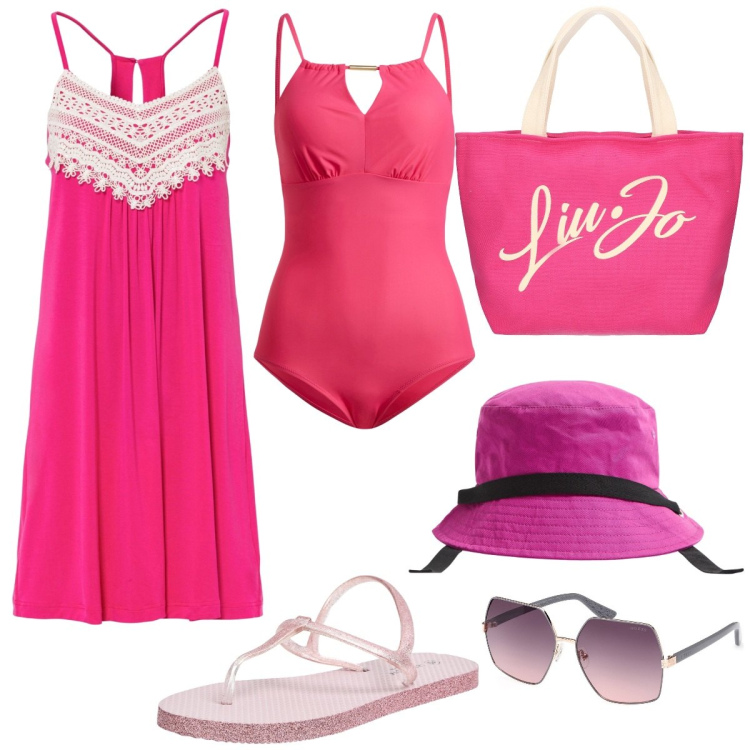 Outfit donna - Total look #1888374. Stile Casual per Mare. Abbinamento con vestiti, costumi interi, sandali, cappelli, occhiali da sole, shopping bag.