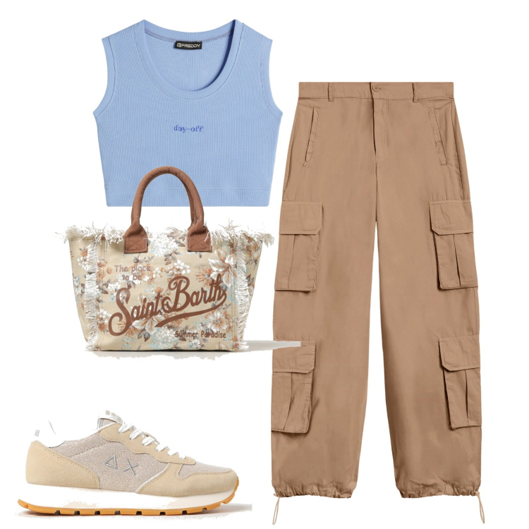 Outfit donna - City. Stile Sporty chic per Tutti i giorni. Abbinamento con pantaloni cargo, top, sneakers, borse tote.