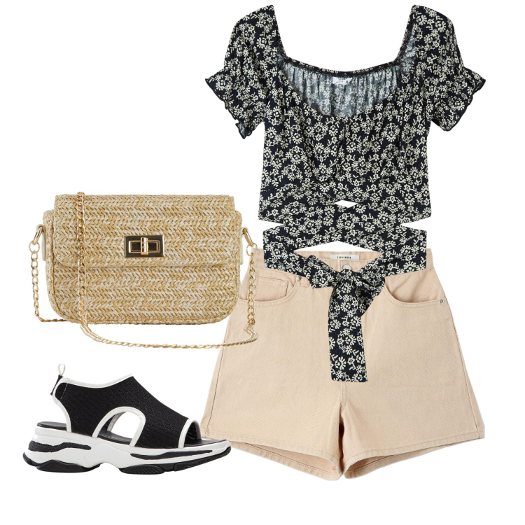 Outfit donna - Chi ha una vita. Stile Basic per Tutti i giorni. Abbinamento con sandali col tacco, borse a mano, bluse, shorts.