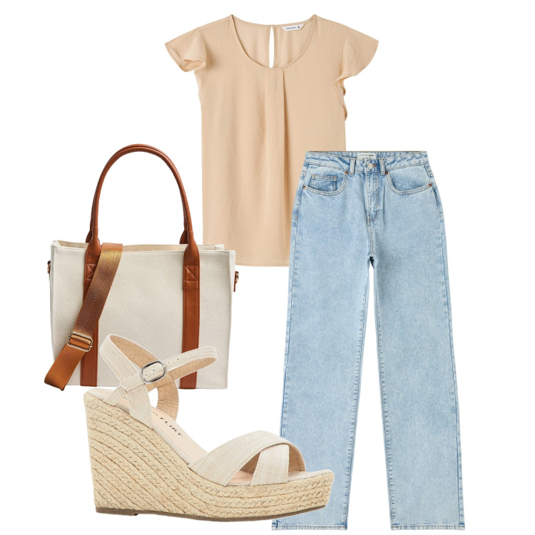 Outfit donna - Chi ha un lavoro. Stile Bon Ton per Ufficio. Abbinamento con sandali, bluse, jeans dritti, shopping bag.