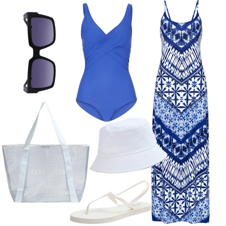 Outfit donna - Vacanza al mare. Stile Basic per Mare. Abbinamento con vestiti lunghi, costumi interi, sandali, shopping bag, cappelli, occhiali da sole.