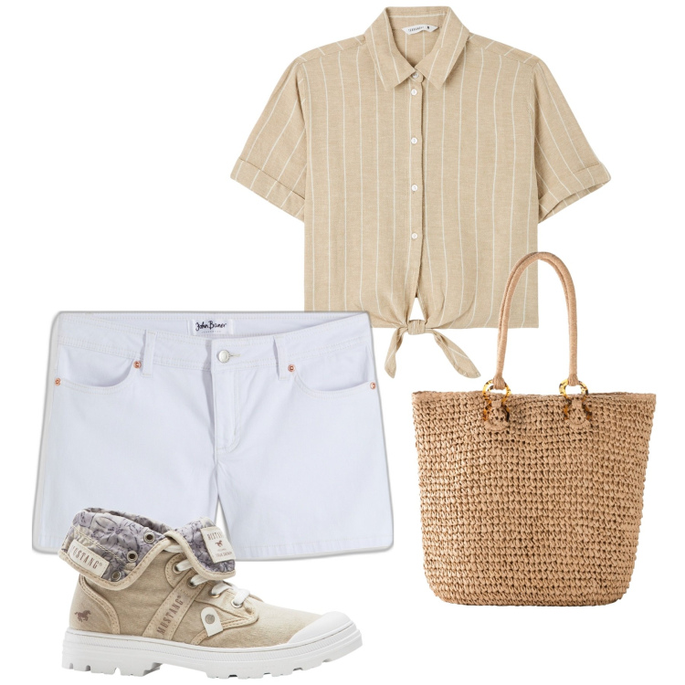 Outfit donna - City. Stile Basic per Tutti i giorni. Abbinamento con shorts, sneakers alte, shopping bag, camicie a manica corta.