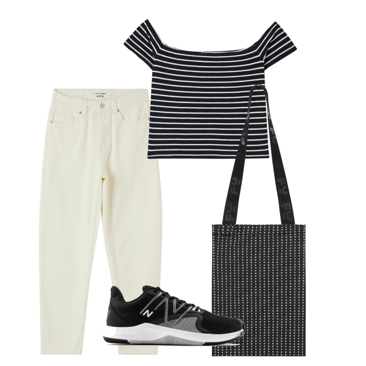 Outfit donna - City. Stile Basic per Tutti i giorni. Abbinamento con t-shirt, jeans mom, sneakers, shopping bag.
