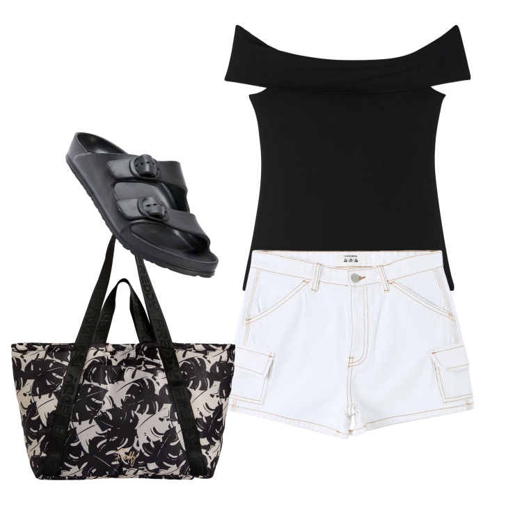 Outfit donna - Easy. Stile Urban per Tutti i giorni. Abbinamento con pantaloni corti, sandali in pelle, top, shopping bag.