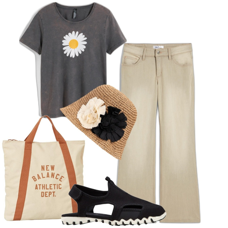 Outfit donna - Daisy. Stile Basic per Tutti i giorni. Abbinamento con t-shirt, sandali, jeans, borse a mano, cappelli.