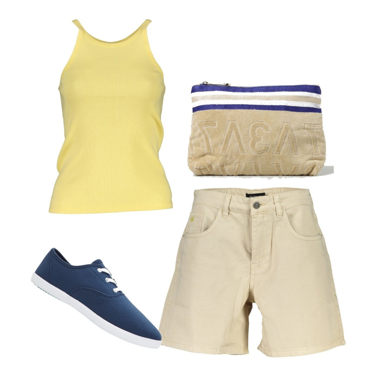 Outfit donna - In canotta. Stile Basic per Tutti i giorni. Abbinamento con sneakers, pochette, canottiere, jeans.