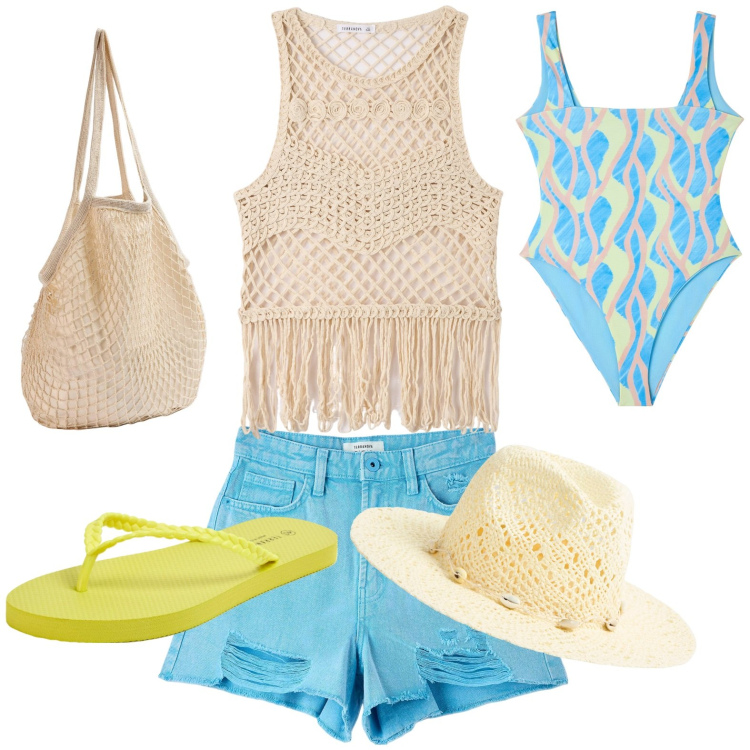 Outfit donna - Total look #1888443. Stile Etnico per Tutti i giorni. Abbinamento con costumi interi, top, shorts, borse a spalla, cappelli, infradito.