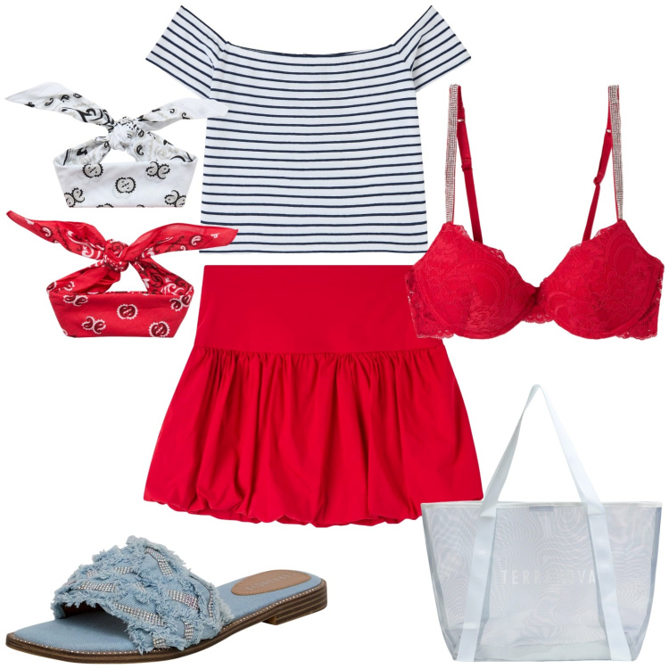Outfit donna - Total look #1888444. Stile Minimal per Tutti i giorni. Abbinamento con t-shirt, ciabatte, reggiseni a balconcino, shopping bag, minigonne, fasce per capelli.