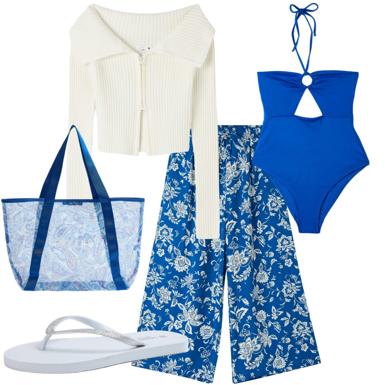 Outfit donna - Total look #1888445. Stile Casual per Tutti i giorni. Abbinamento con pantaloni a palazzo, maglieria, costumi interi, infradito, shopping bag.