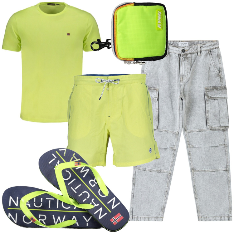 Outfit uomo - Total look #1888451. Stile Casual per Mare. Abbinamento con jeans, sandali, portafogli, t-shirt, costumi.