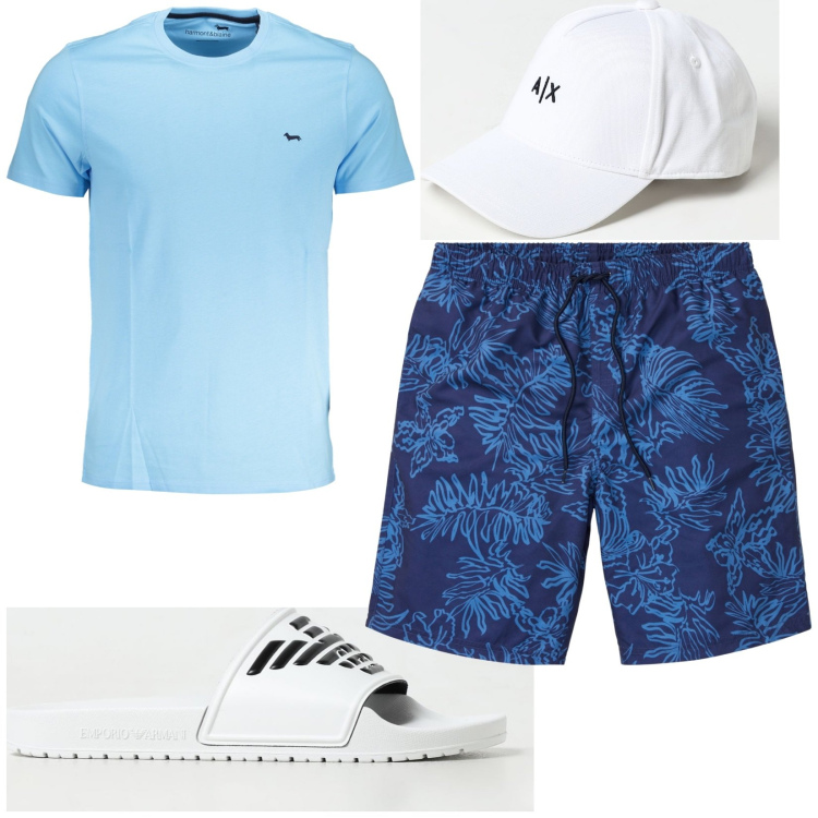Outfit uomo - Total look #1888455. Stile Casual per Mare. Abbinamento con pantaloni corti, t-shirt, sandali, cappelli.