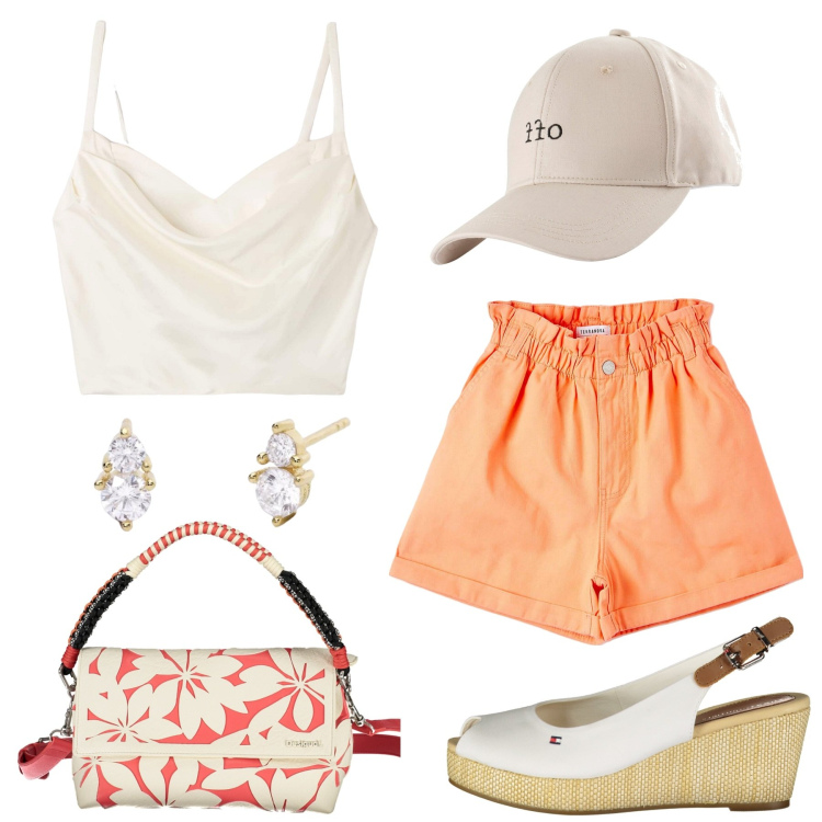 Outfit donna - Gli shorts arancio. Stile Trendy per Tutti i giorni. Abbinamento con cappelli con visiera, shorts, top, orecchini, borse a spalla, sandali col tacco.