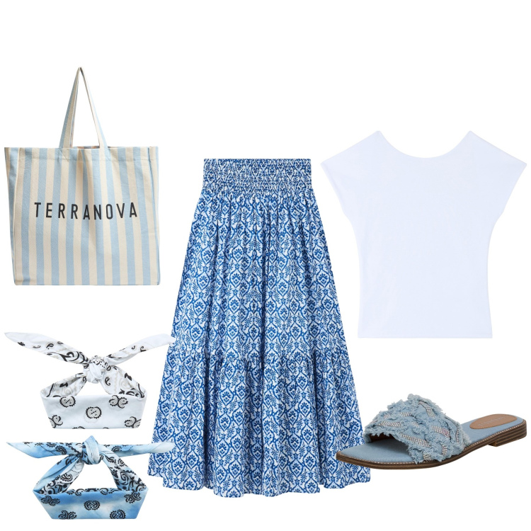 Outfit donna - Total look #1888476. Stile Etnico per Tutti i giorni. Abbinamento con t-shirt, gonne lunghe, ciabatte, fasce per capelli, borse tote.